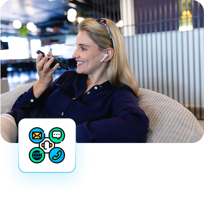Home 6 Business Woman holding phone to her mouth UC VOIP, Unified Communications